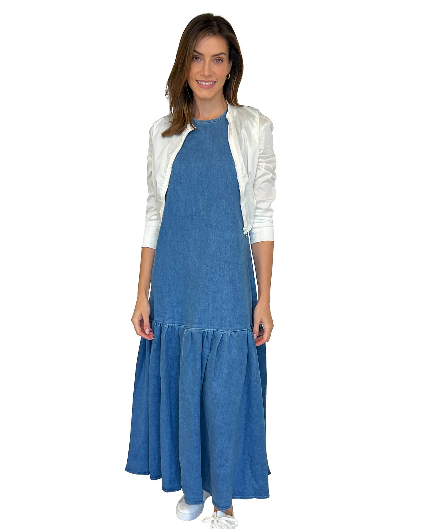 Ruffle Tiered Denim Maxi Dress